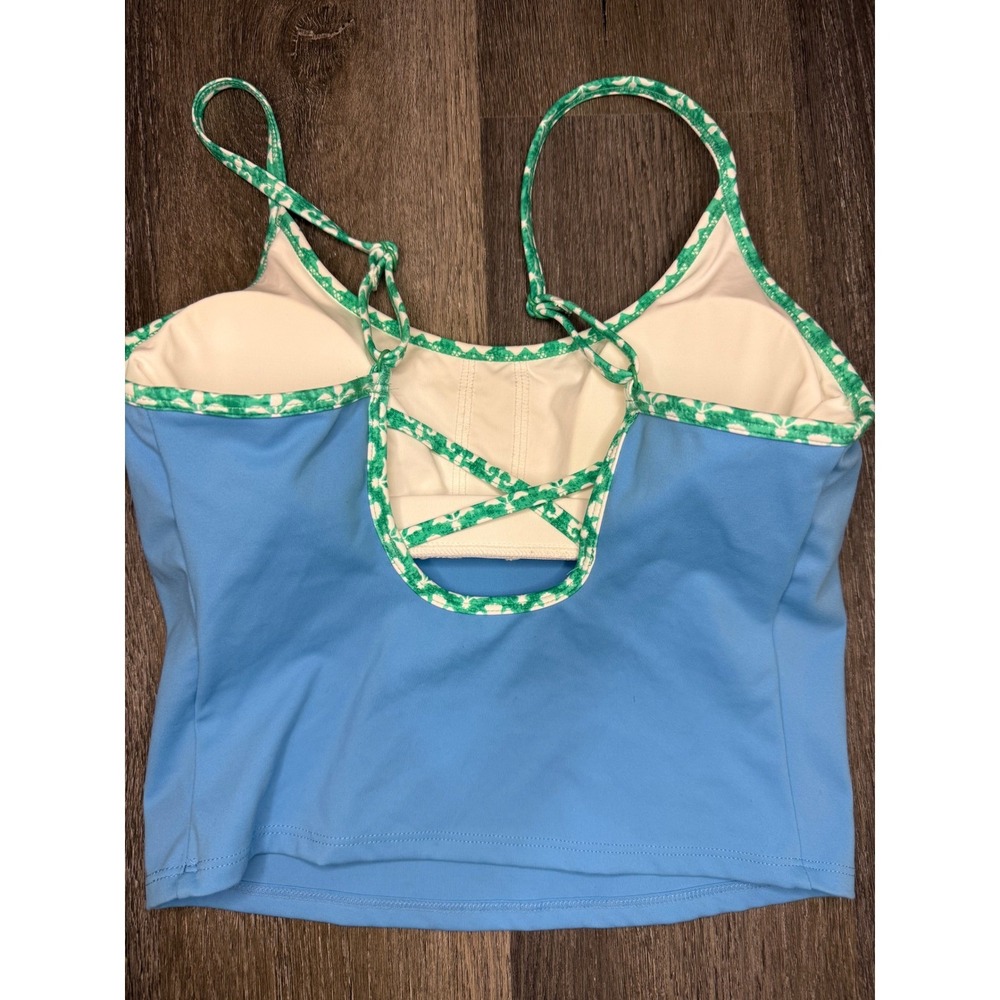 Roller Rabbit Blue Tankini Swimsuit Top XS Green Trim Lace Up Back bathing suit - Picture 6 of 10